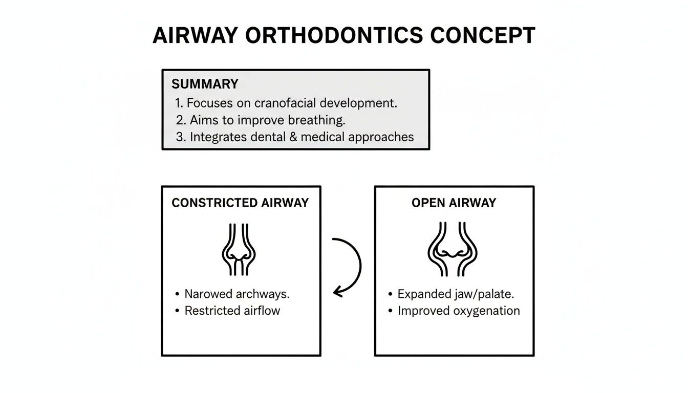 Diagram explaining airway orthodontics concept, showing constricted versus open airways and benefits.