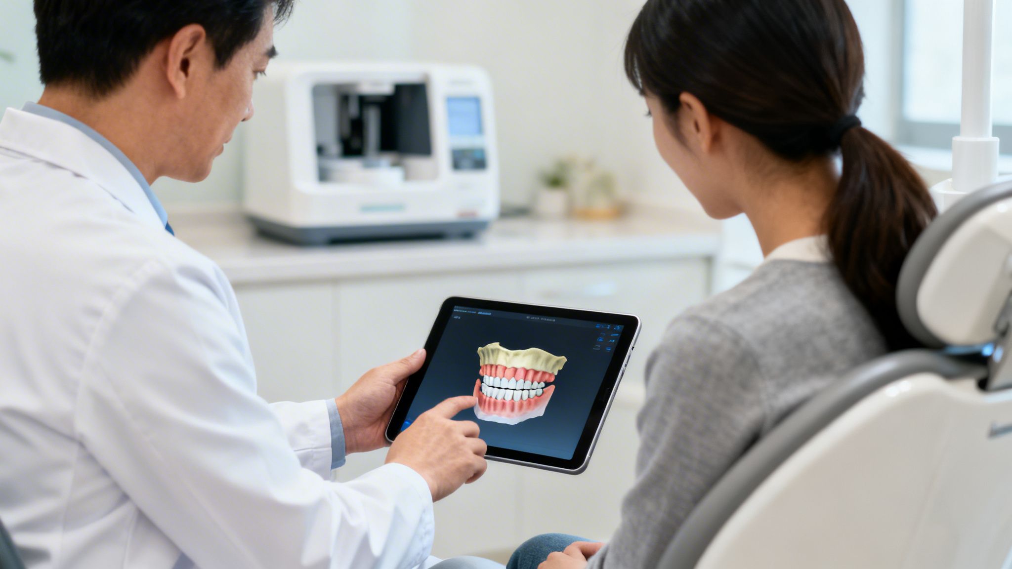 Orthodontist shows patient a 3D digital model of teeth and gums on a tablet in a modern clinic.