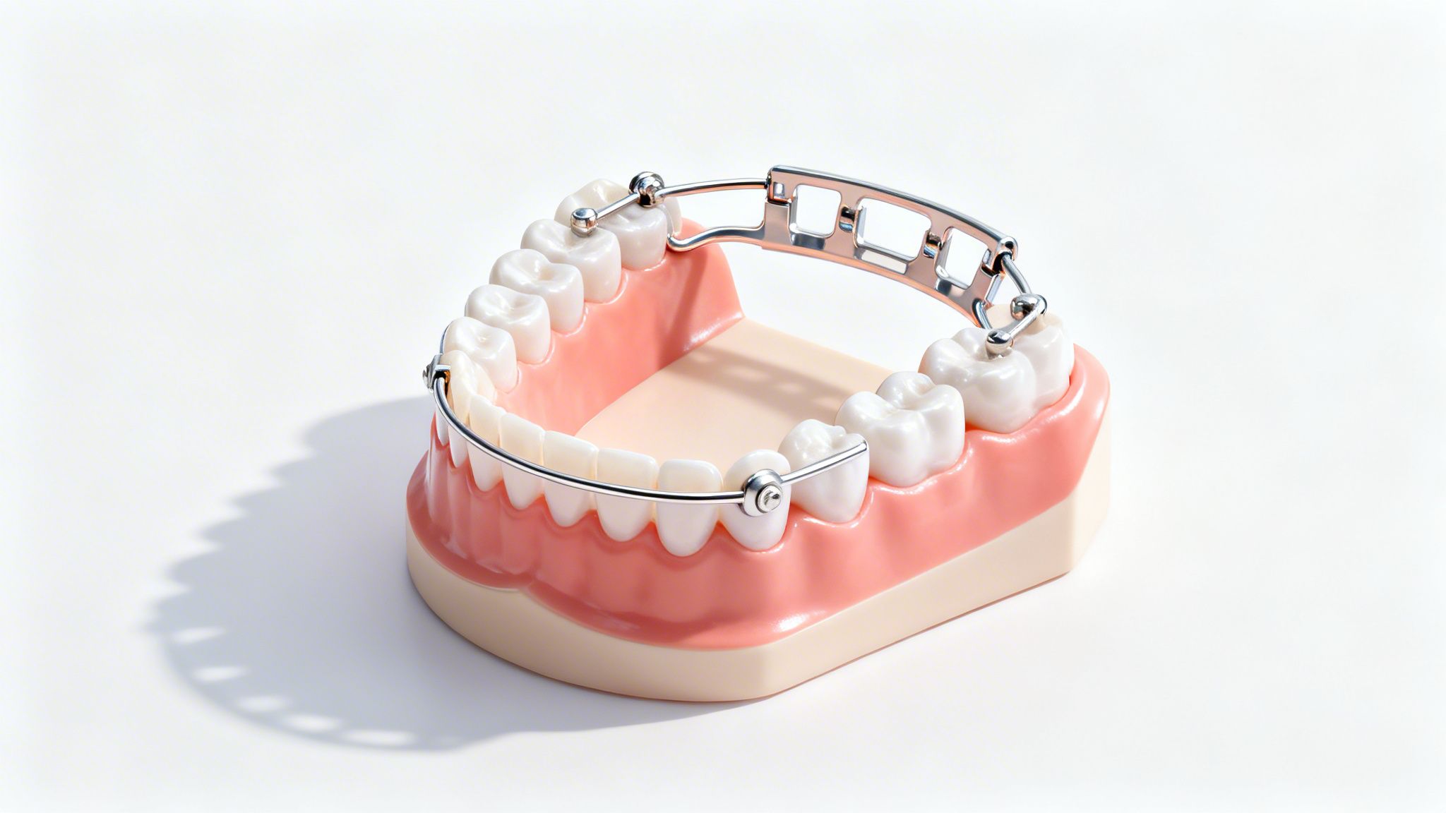 A white dental model showcasing a metal orthodontic palatal expander appliance against a clean white background.