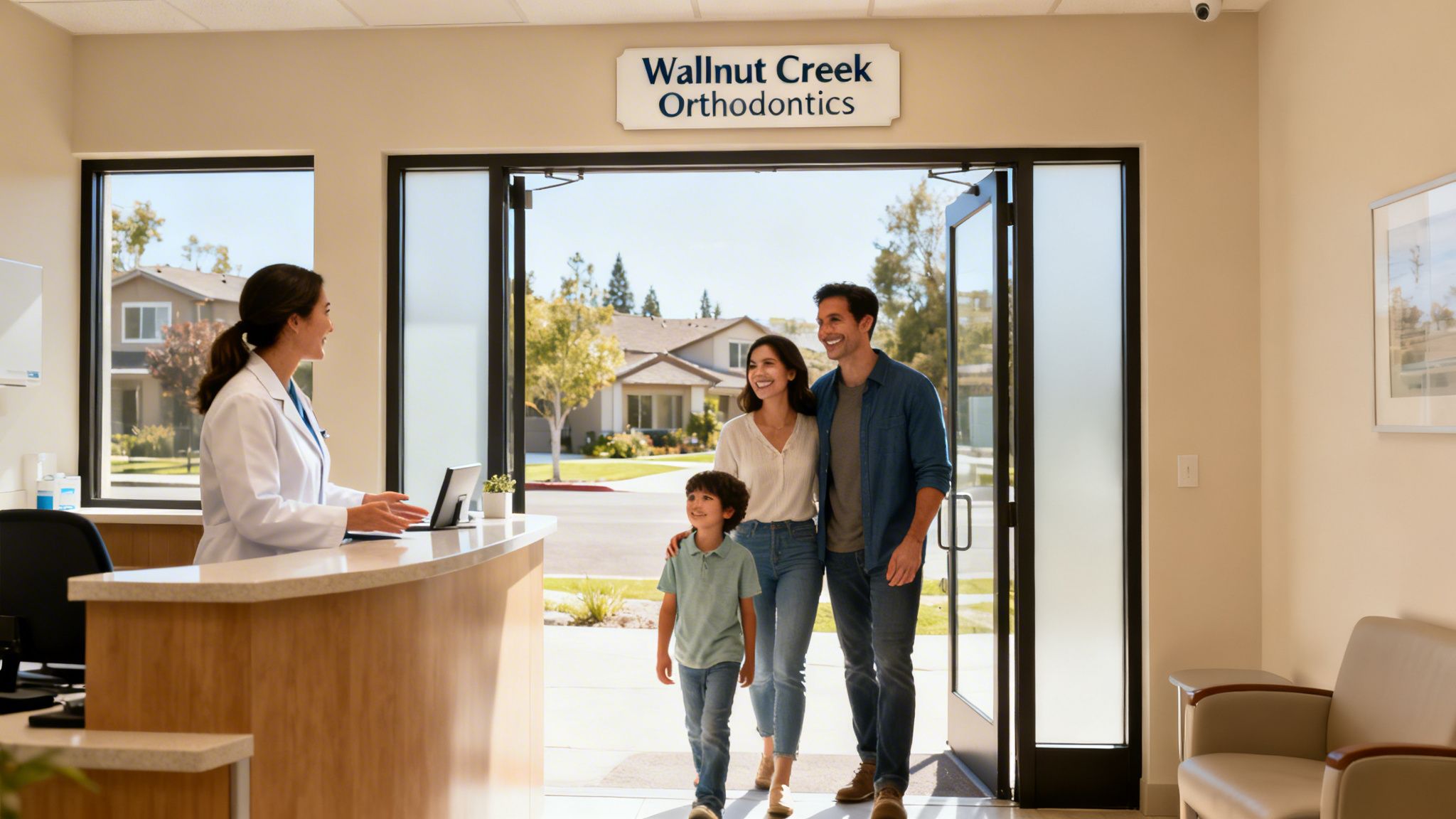 A happy family (father, mother, and son) enters a modern orthodontist office, greeted by a smiling receptionist.