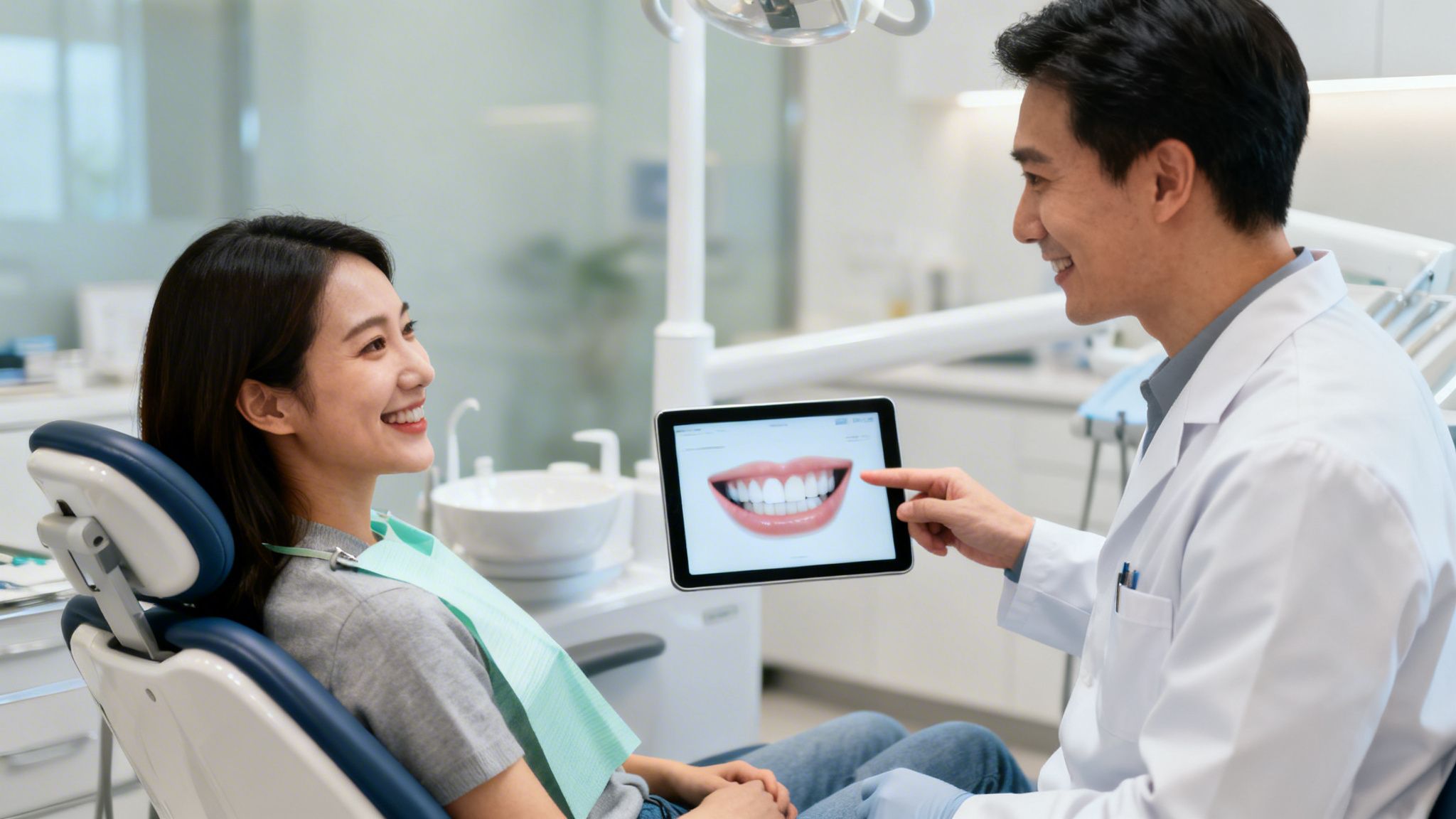 Dentist showing a female patient a digital smile design on a tablet in a modern clinic.