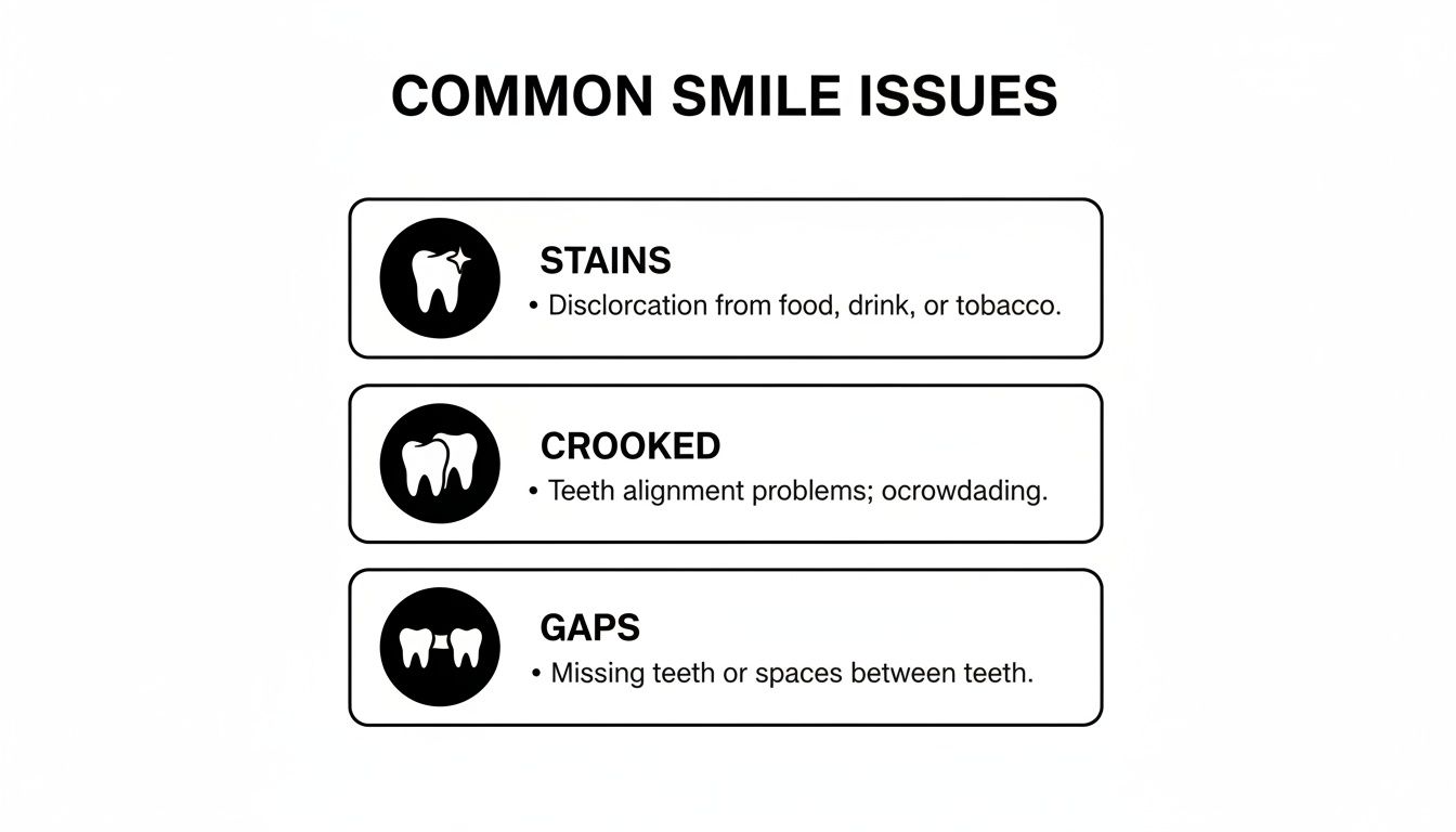 An infographic detailing common smile issues: stains, crooked teeth, and gaps, with descriptions.