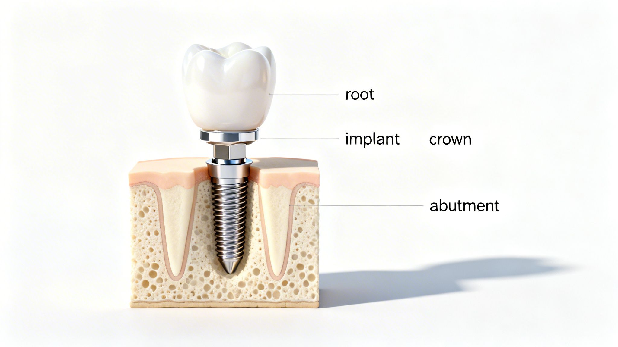 A detailed 3D illustration of a dental implant with labeled crown, abutment, and implant screw in bone.