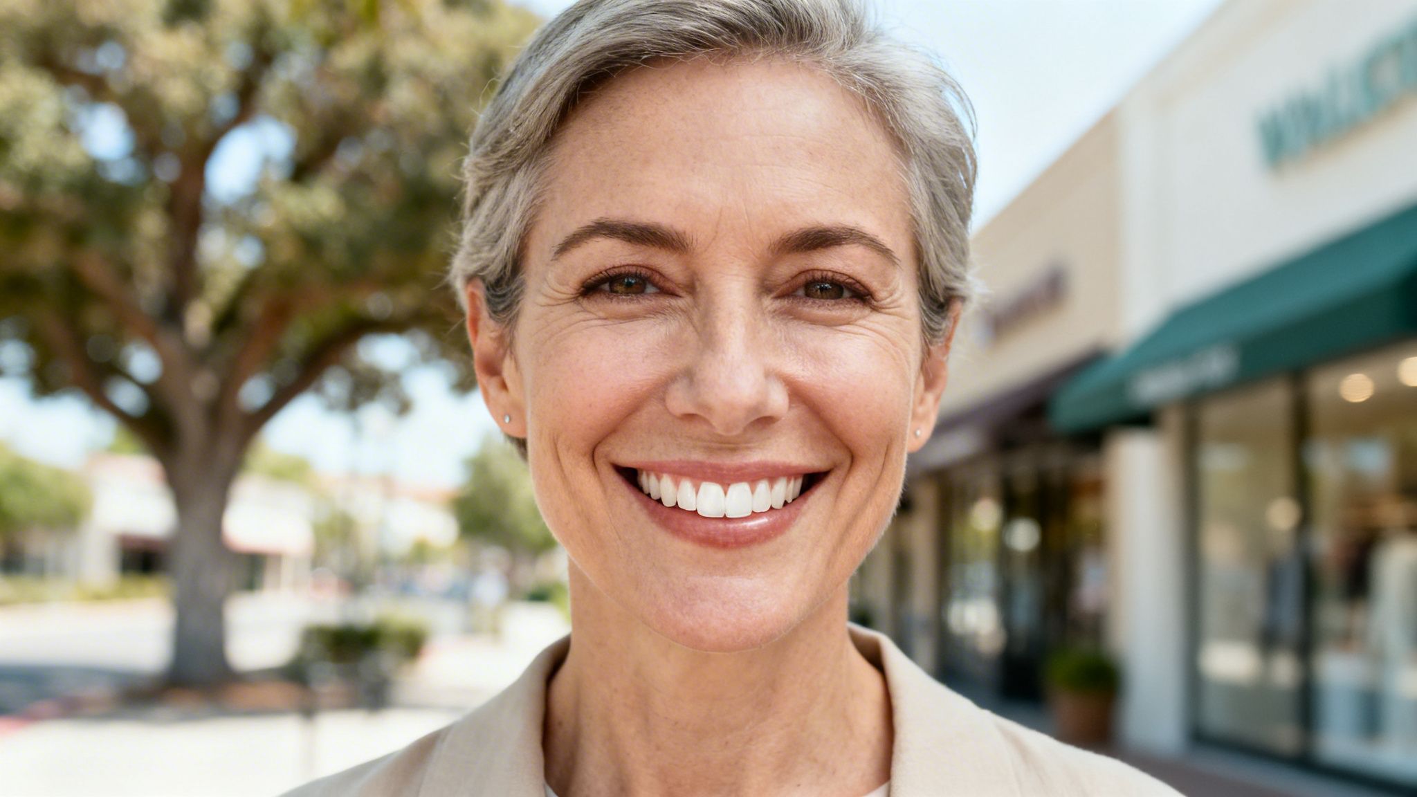 A happy, elegant woman with short gray hair smiles confidently, showing healthy teeth outdoors.
