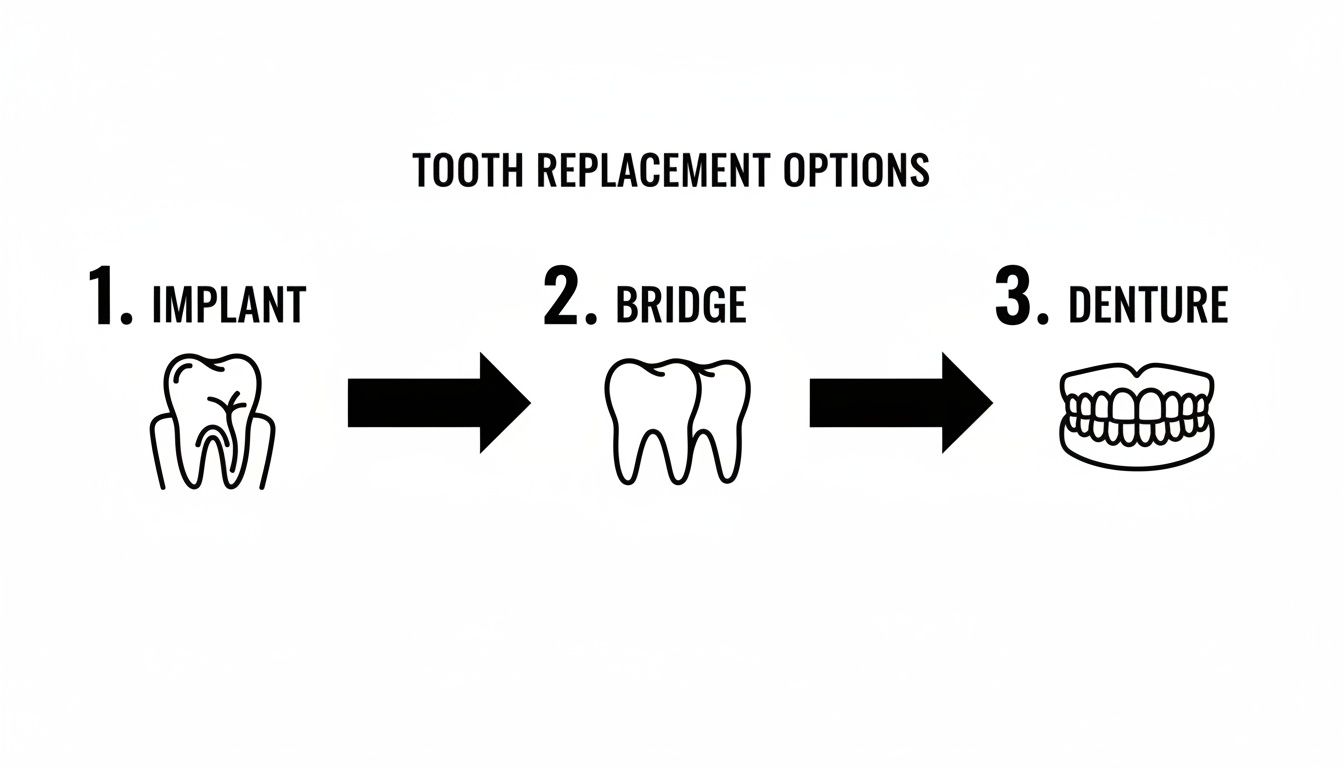 Diagram illustrating three tooth replacement options: implant, bridge, and denture, with corresponding icons.