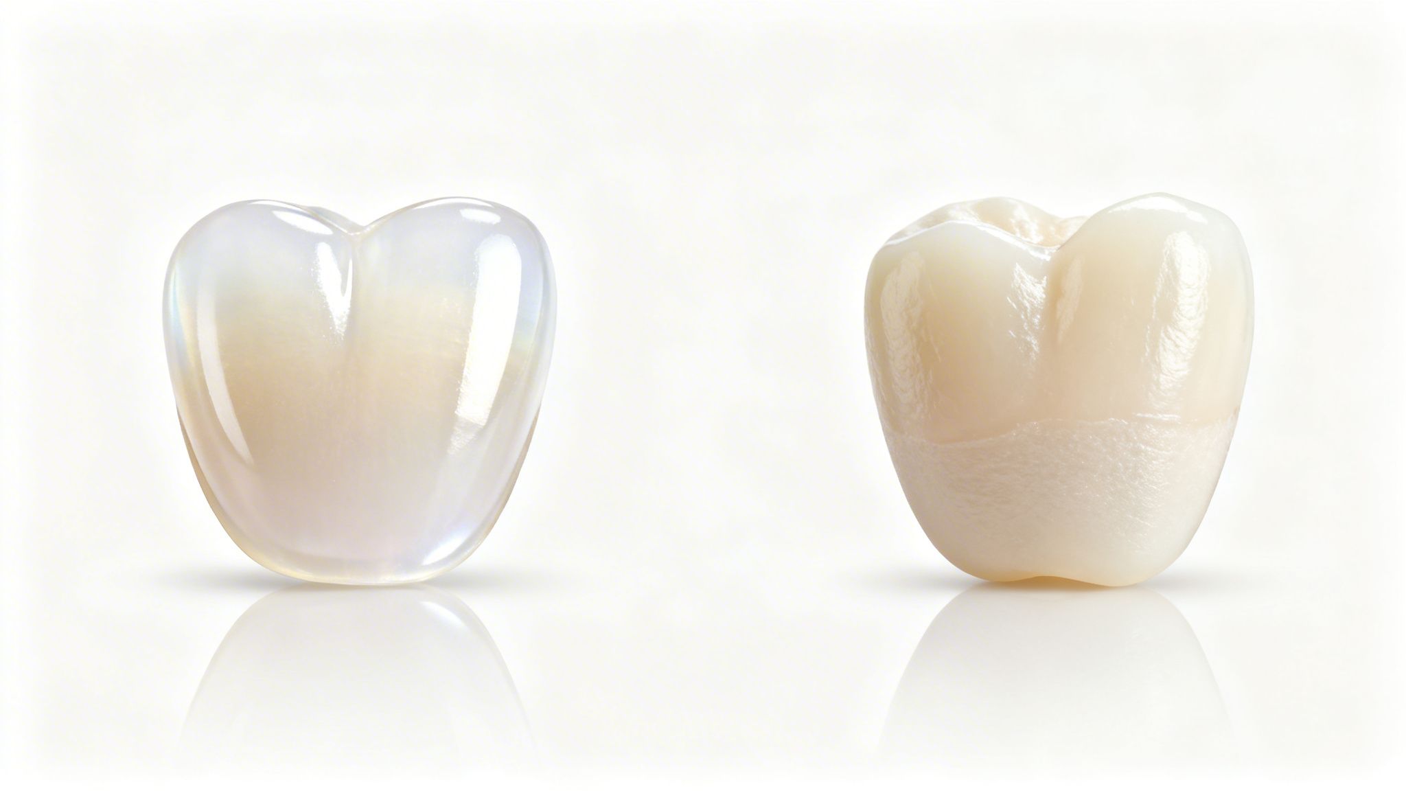 Close-up of two distinct dental restorations: a translucent, shiny veneer and a natural-looking tooth crown.