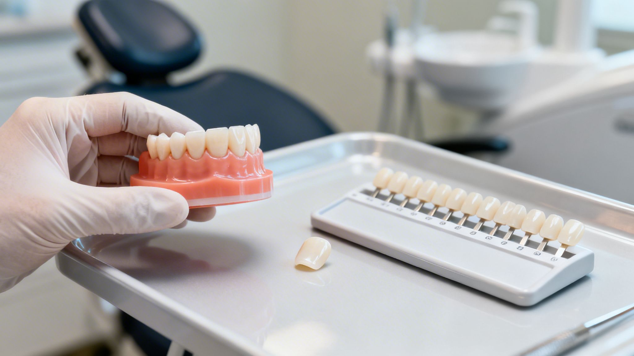 A gloved hand holds a dental model next to a tooth shade guide and a veneer on a tray.