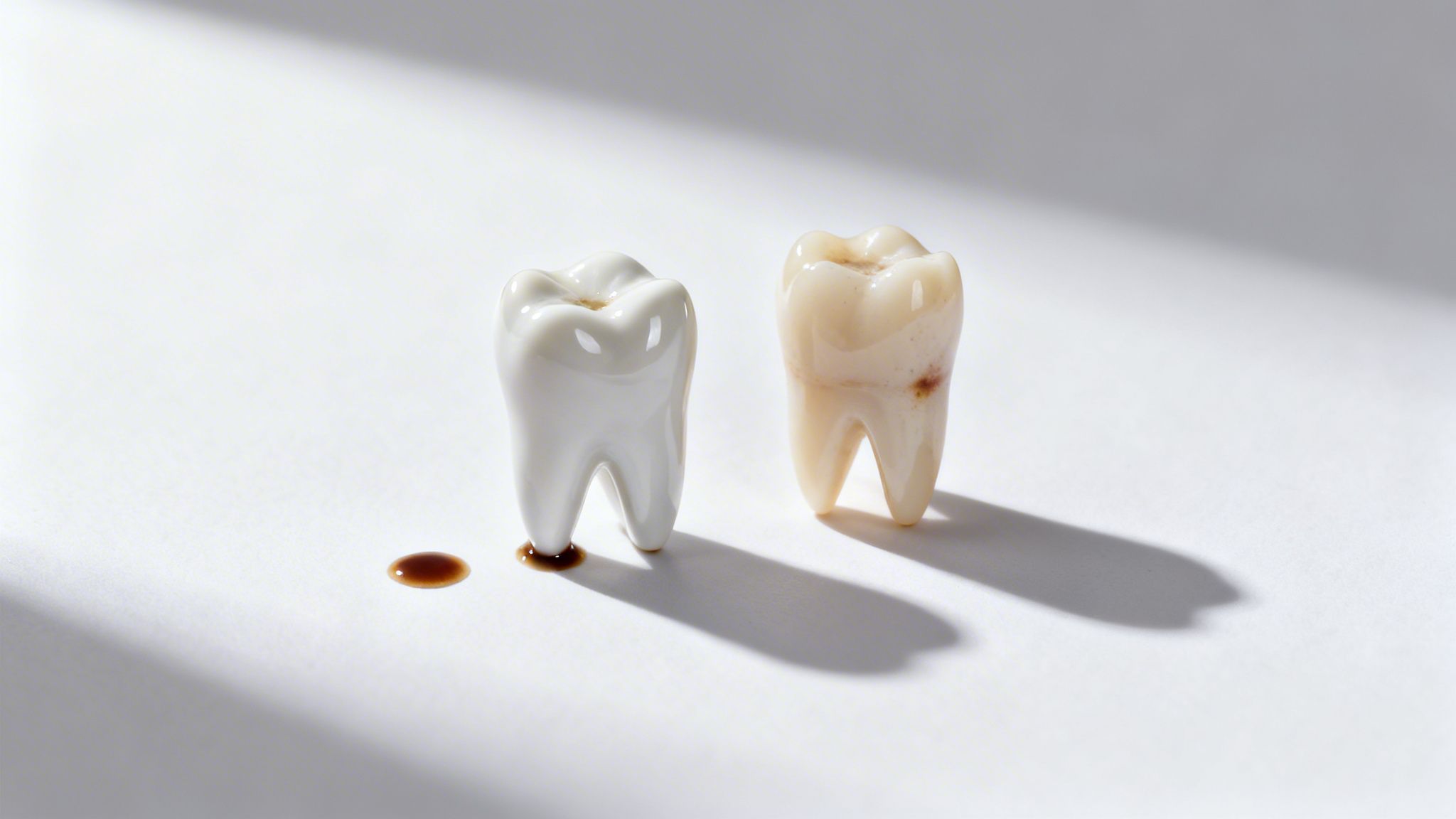 Two dental models on white: one pristine white, the other discolored, highlighting dental health.
