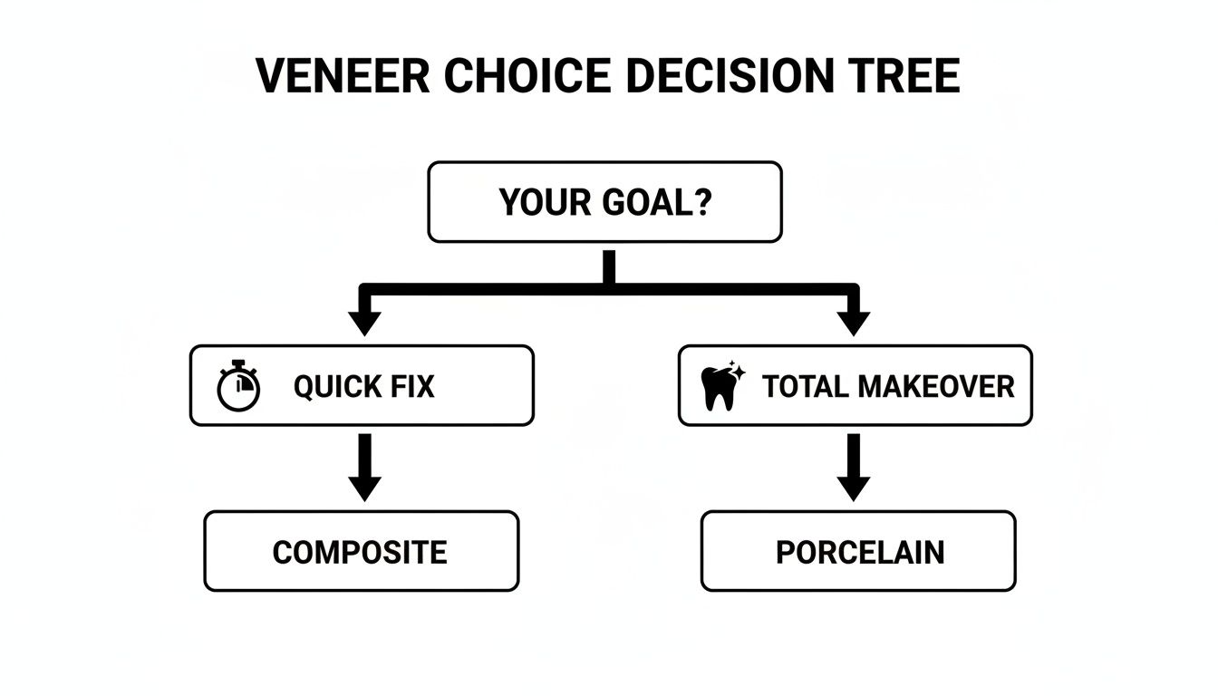 A veneer choice decision tree flowchart comparing composite and porcelain options based on patient goals.