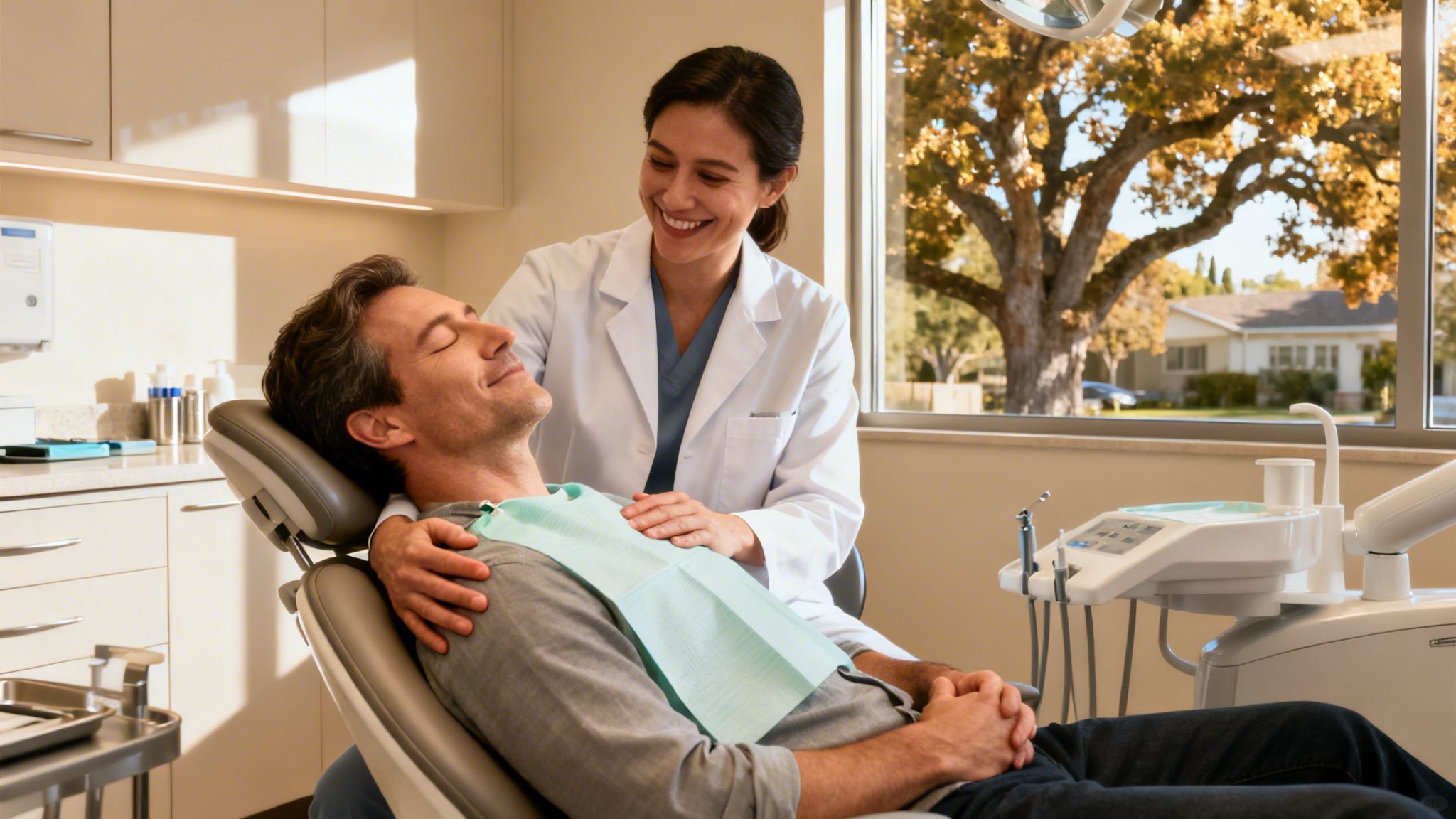 A compassionate female dentist comforting a relaxed male patient in a modern dental office.