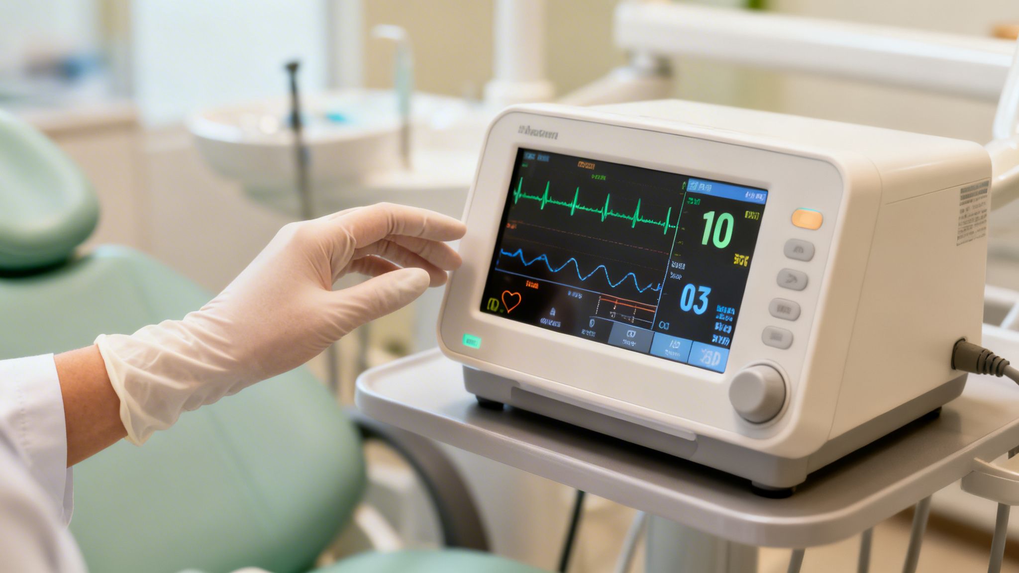 A gloved hand touches a medical monitor displaying vital signs like ECG and heart rate.