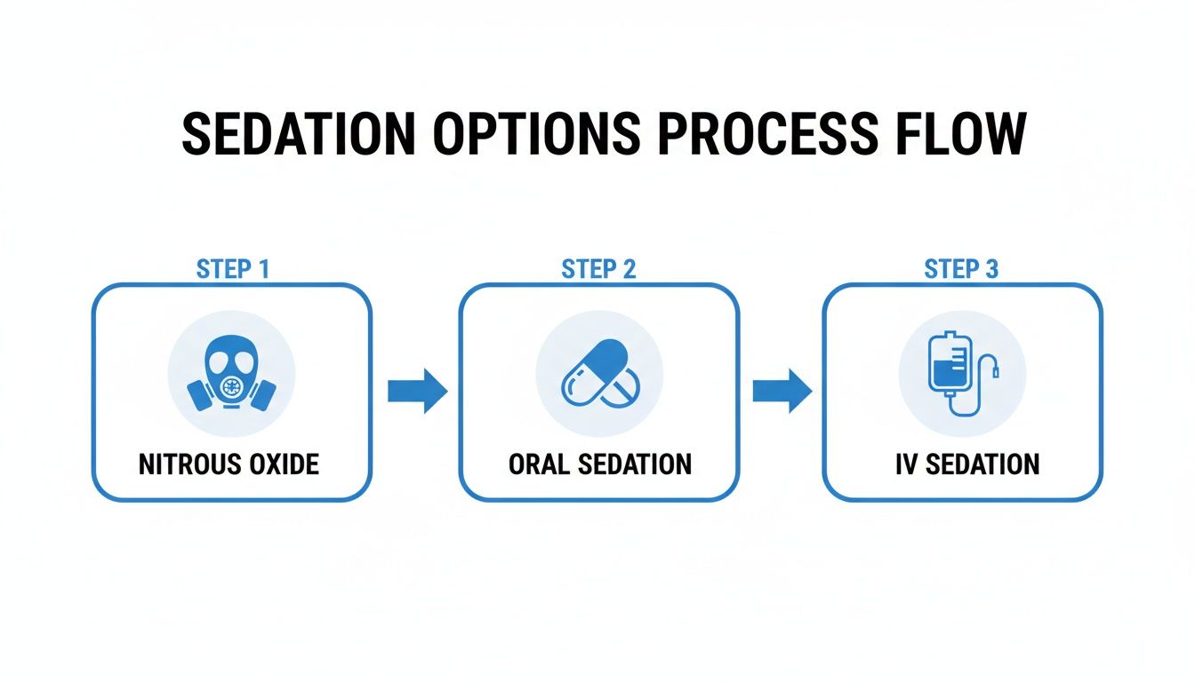 A sedation options process flow chart showing three steps: Nitrous Oxide, Oral, and IV Sedation.