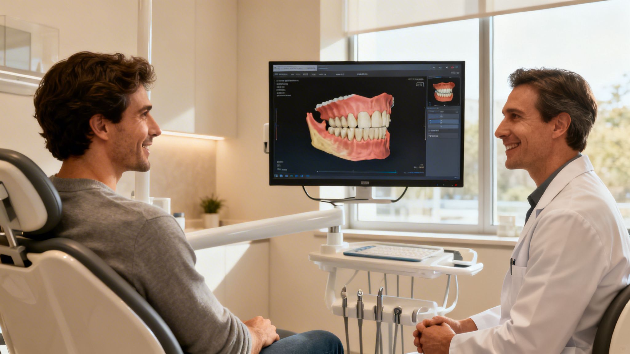 Smiling patient and dentist discuss a digital 3D dental model on a monitor in a modern clinic.