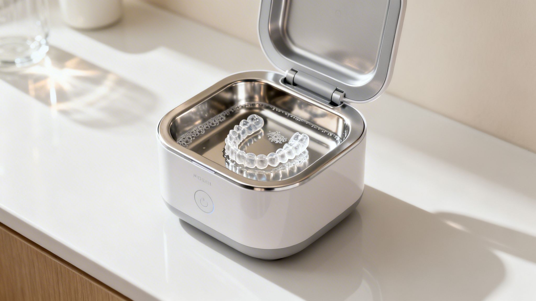 An open ultrasonic cleaner with a clear Invisalign aligner submerged in bubbly liquid on a counter.