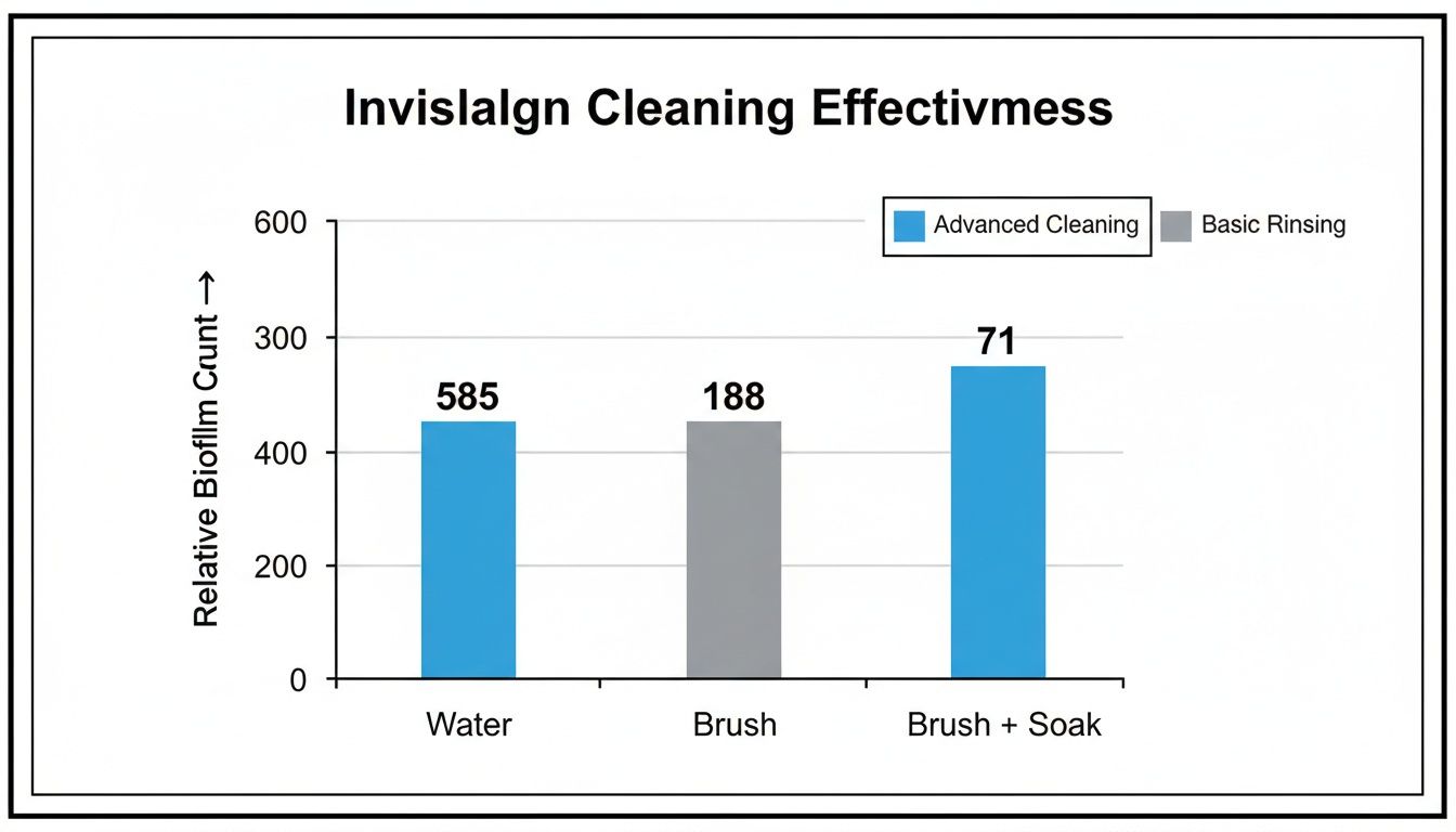 A bar chart showing relative biofilm count for different Invisalign cleaning methods.