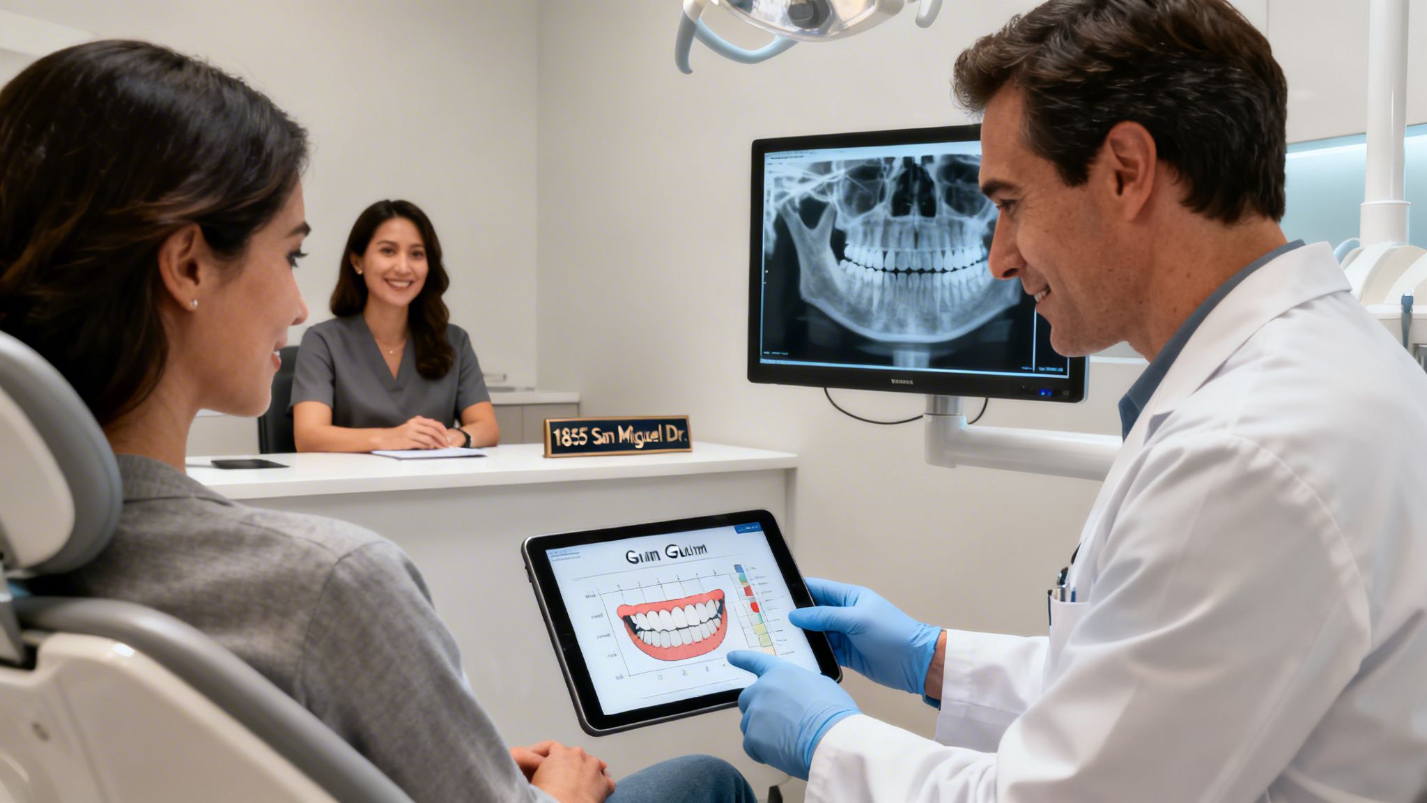 Dentist in white coat showing gum health chart on a tablet to a female patient in a modern dental office.
