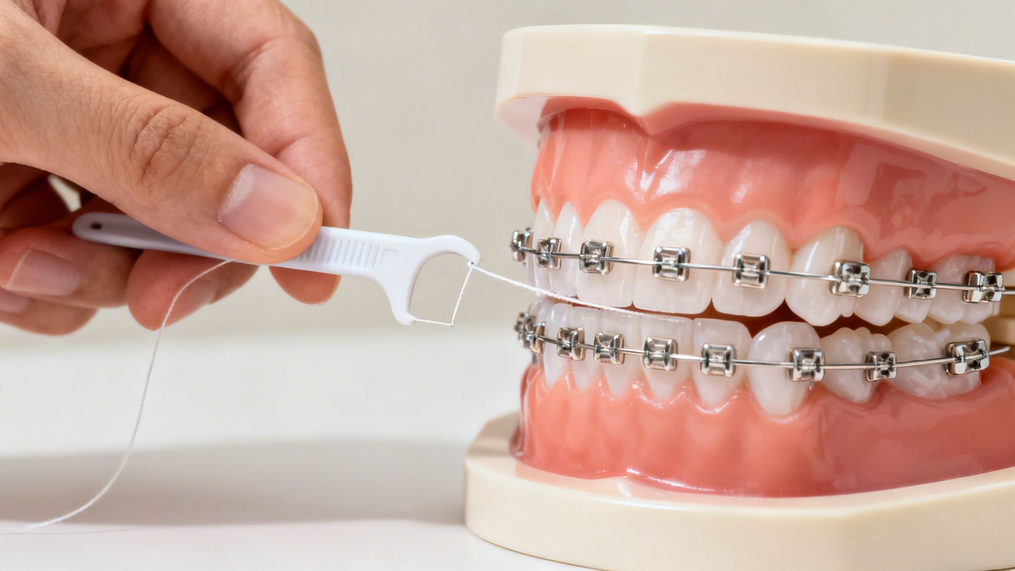 A hand demonstrates using a white dental floss pick to clean teeth on a model with braces.