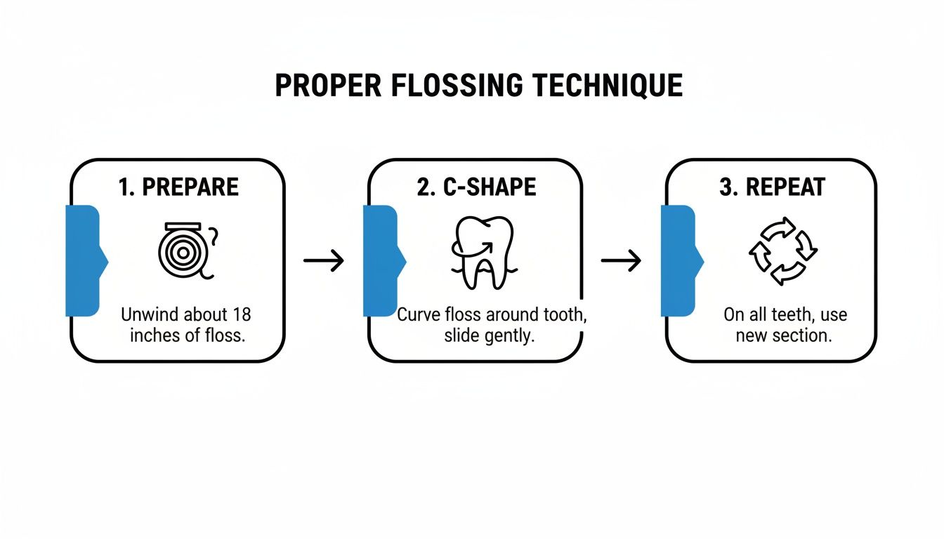 A three-step visual guide demonstrating proper flossing technique: prepare, C-shape, and repeat for all teeth.