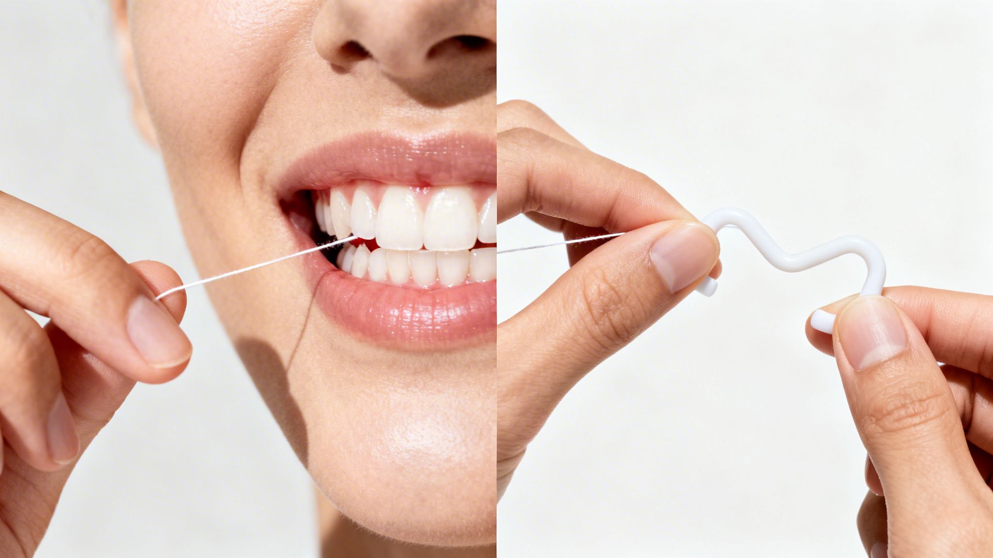 Close-up of a person demonstrating flossing technique with dental floss and holding a floss threader.