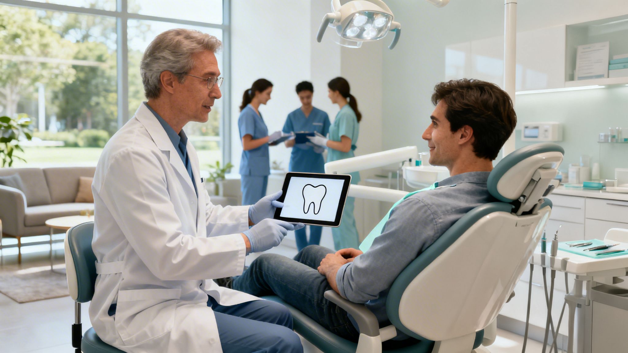 Dentist showing a digital tooth image on a tablet to a male patient in a bright dental office.