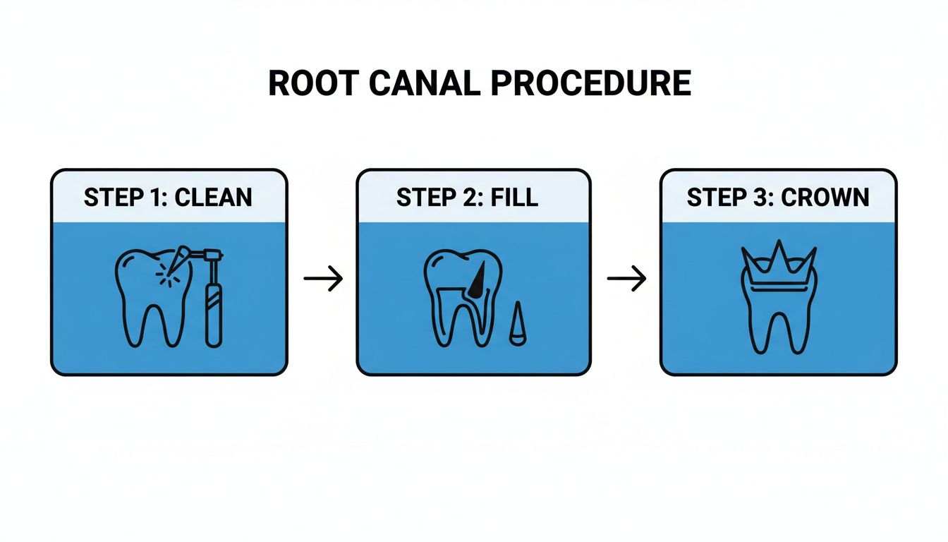 An infographic illustrating the three steps of a root canal procedure: clean, fill, and crown.