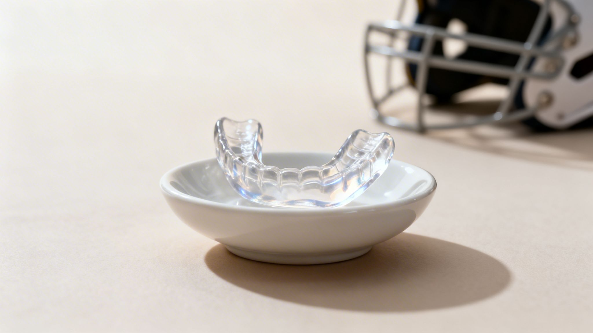 A clear mouthguard rests in a white dish, with a blurry football helmet in the background.