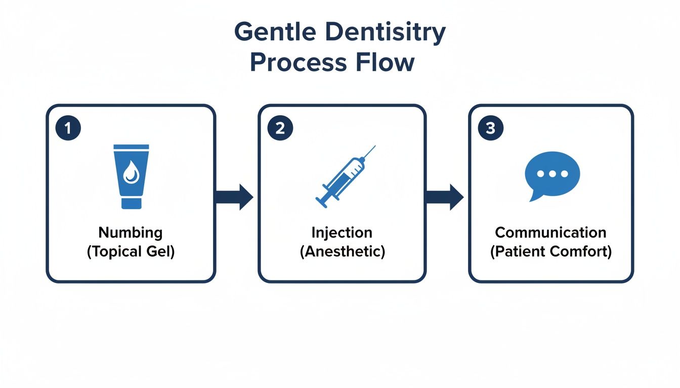 Flowchart illustrating a gentle dentistry process: numbing gel, anesthetic injection, and patient comfort communication.