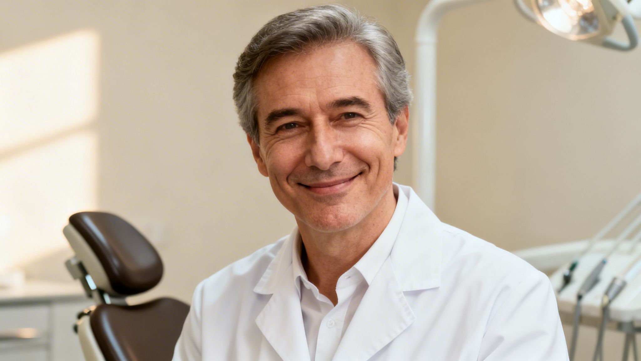 Smiling experienced male dentist in a white coat in a modern dental office.