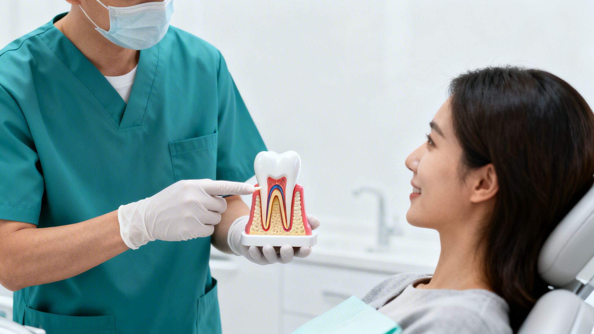 Dentist in scrubs and mask explaining tooth anatomy to a patient using a dental model.