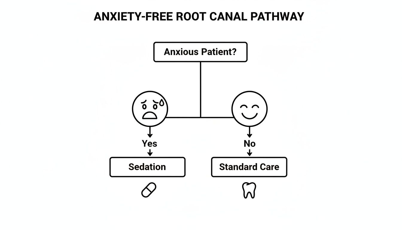 Flowchart outlines an anxiety-free root canal pathway, guiding anxious patients to sedation and others to standard care.