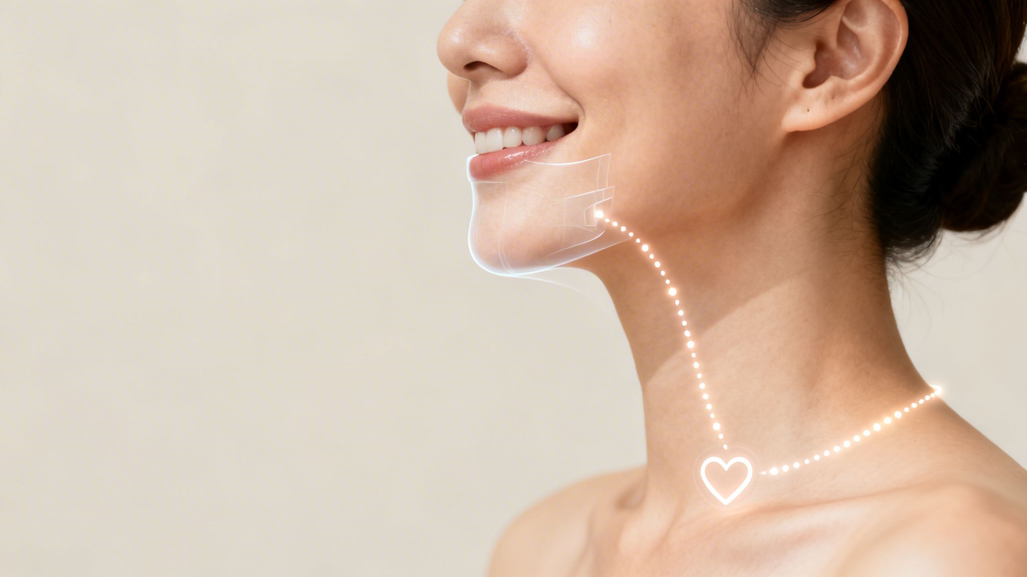 Smiling woman's profile with glowing lines on jawline and neck, featuring a heart symbol.