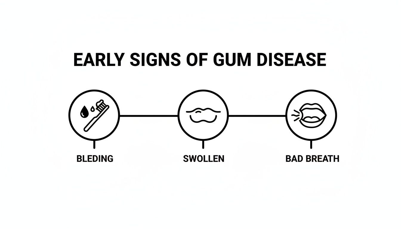 Visual guide to early gum disease signs, including bleeding, swollen gums, and bad breath.