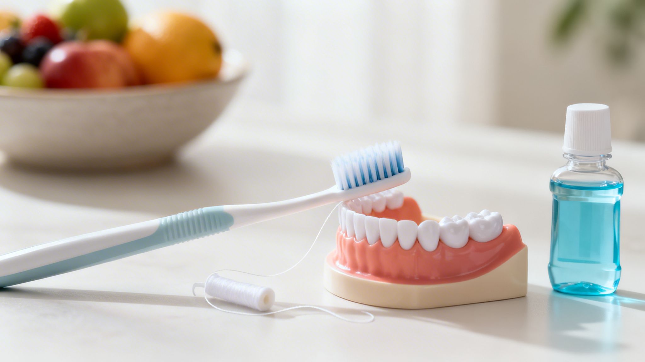 A white toothbrush, dental floss, teeth model, and blue mouthwash on a white table, with blurred fruit.