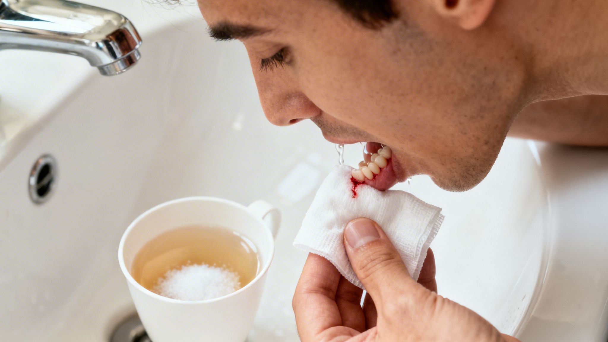 A man rinsing his mouth with bloody gums, holding a cloth, next to a salt water cup.