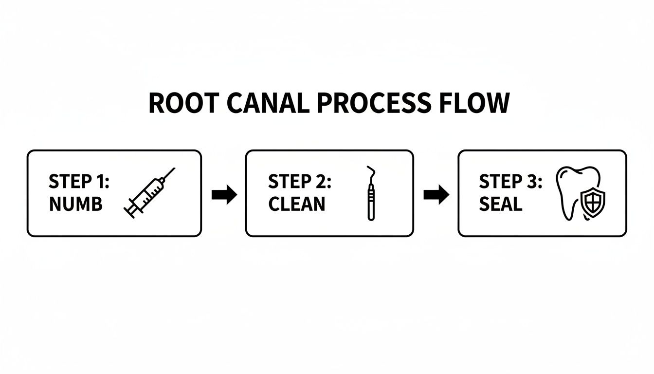 Diagram illustrating the three steps of a root canal procedure: numb, clean, and seal.