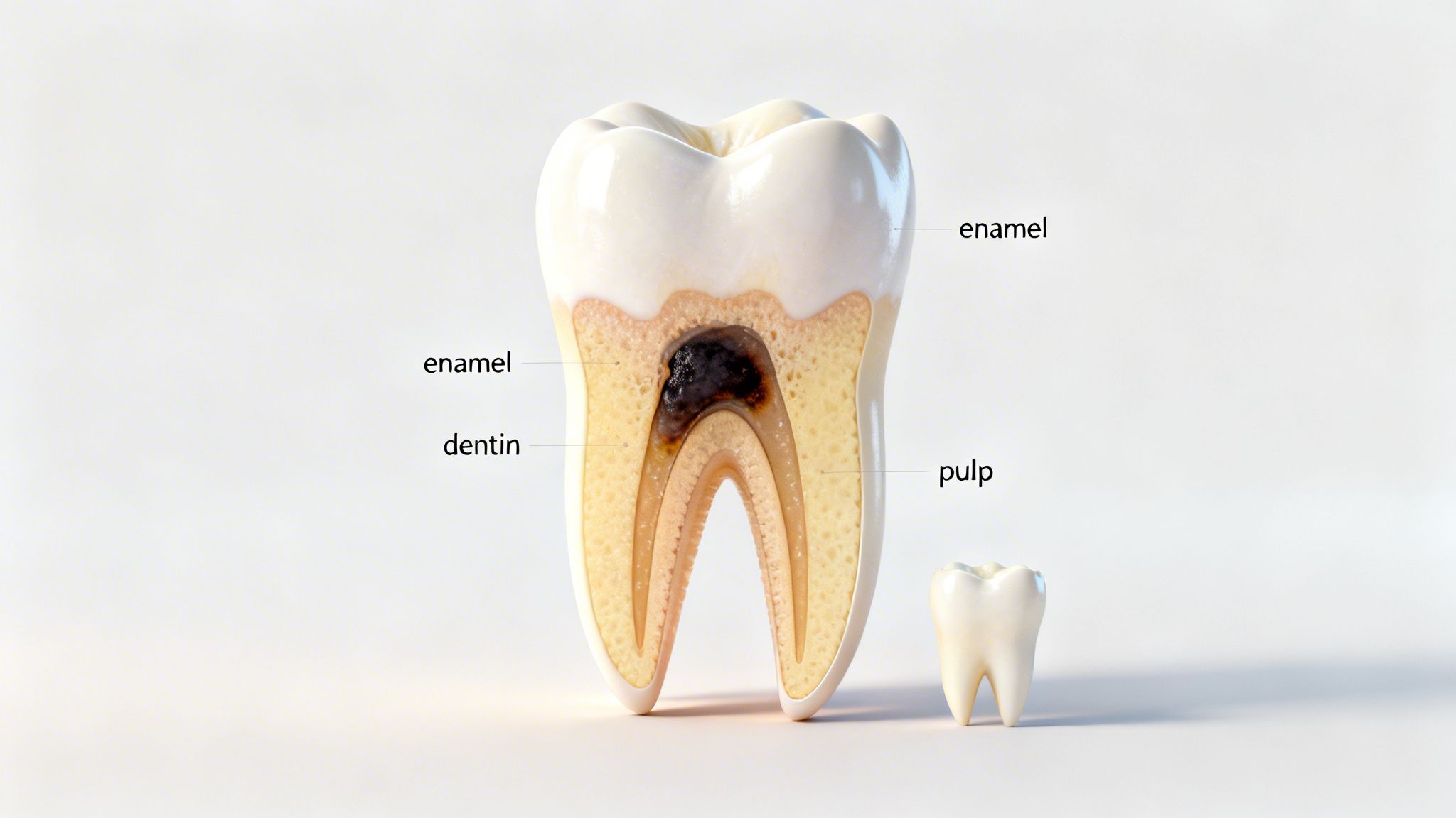 Detailed anatomical view of a tooth cross-section showing severe decay reaching the pulp, next to a healthy tooth.