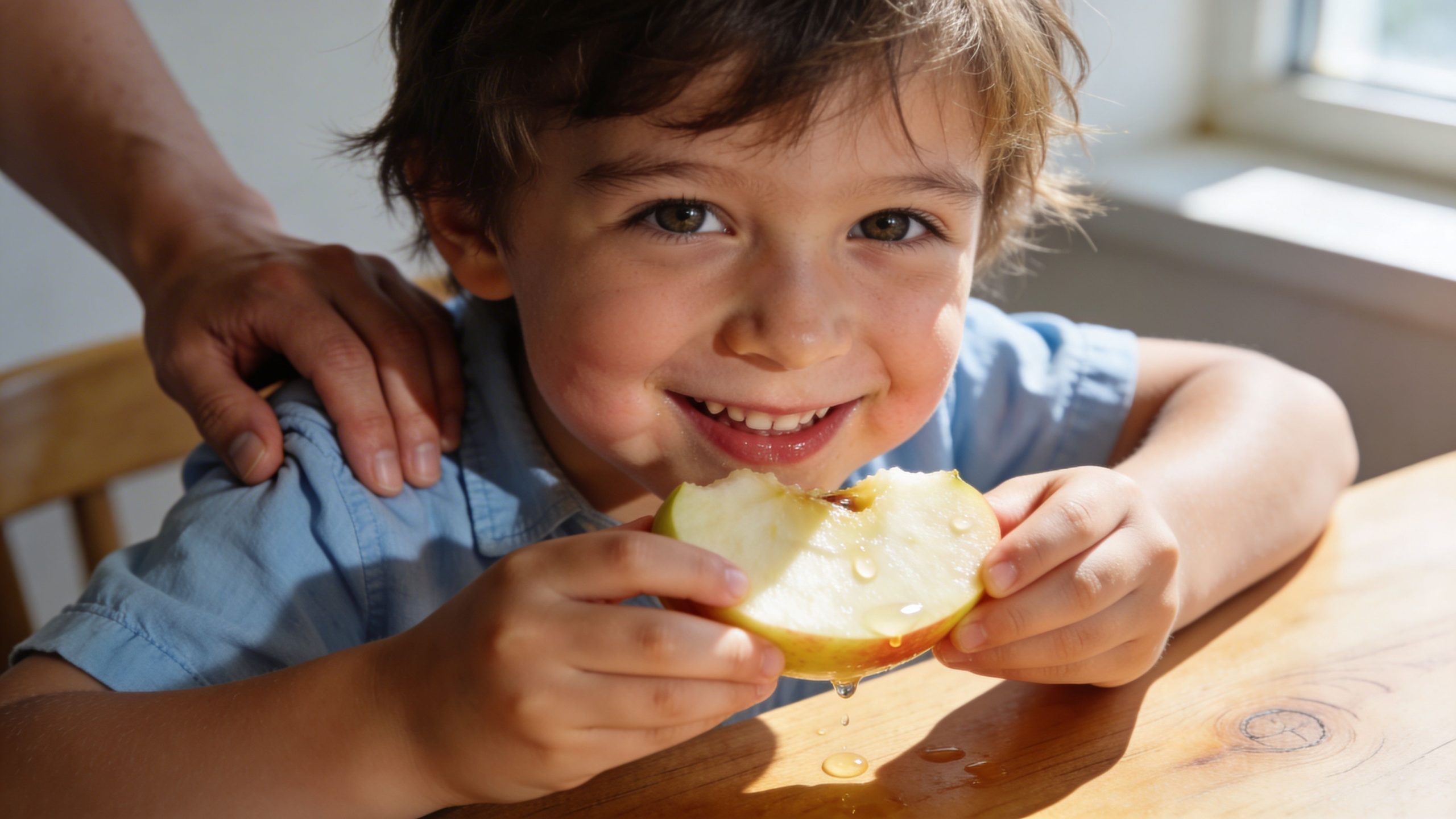 A smiling young child holding a slice of apple with honey dripping onto a wooden table.