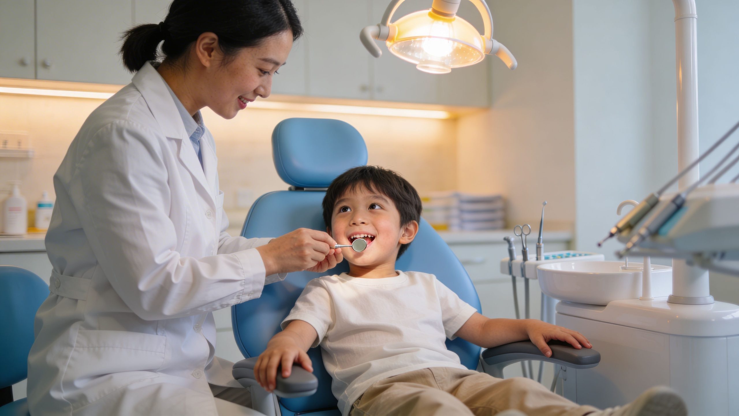 A friendly female dentist performing a dental examination on a happy young boy in a clinic.