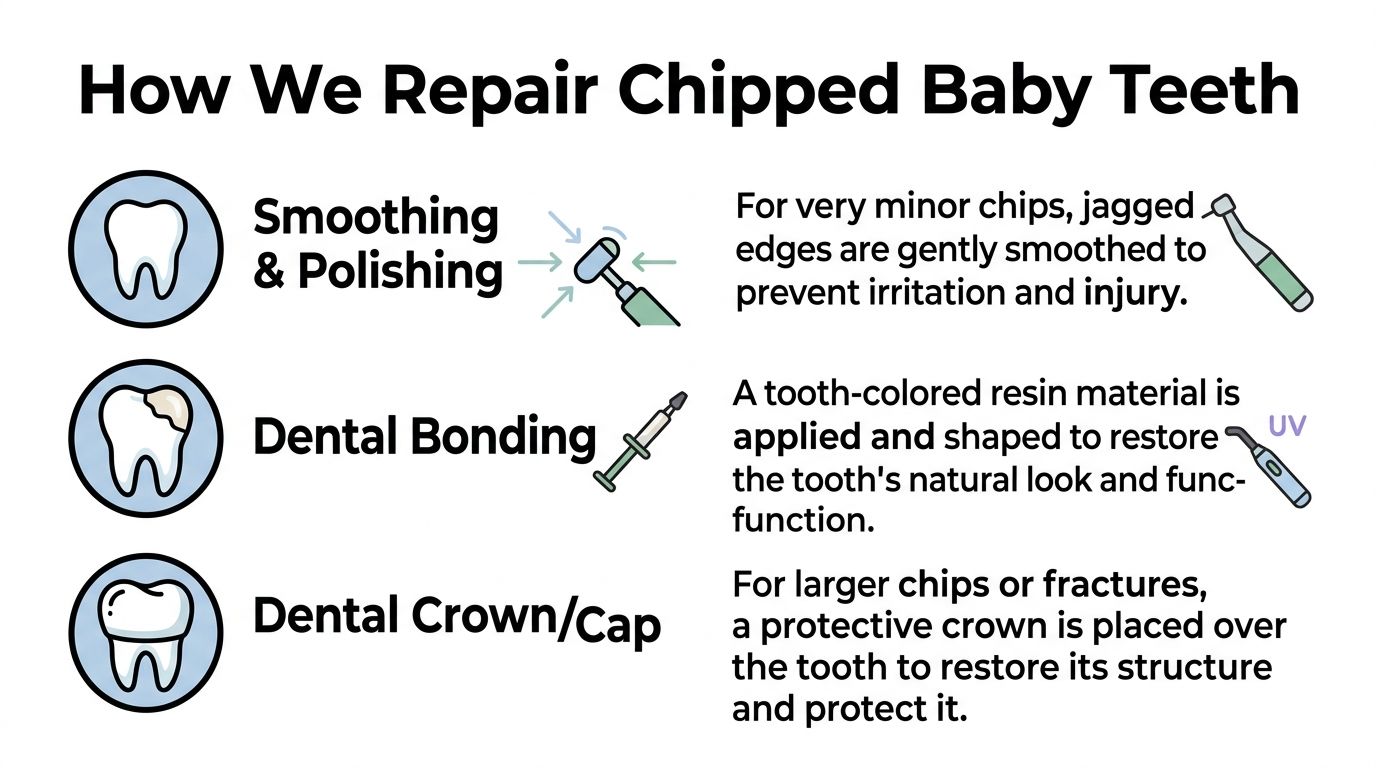 An infographic showing three methods for repairing chipped baby teeth: smoothing and polishing, dental bonding, and crowns.