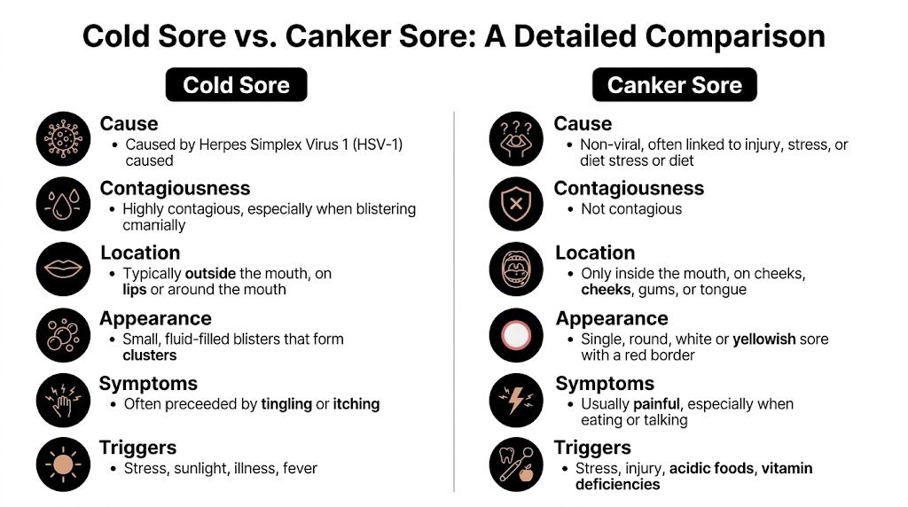 A comparison chart outlining the key differences between cold sores and canker sores regarding cause, symptoms, and location.