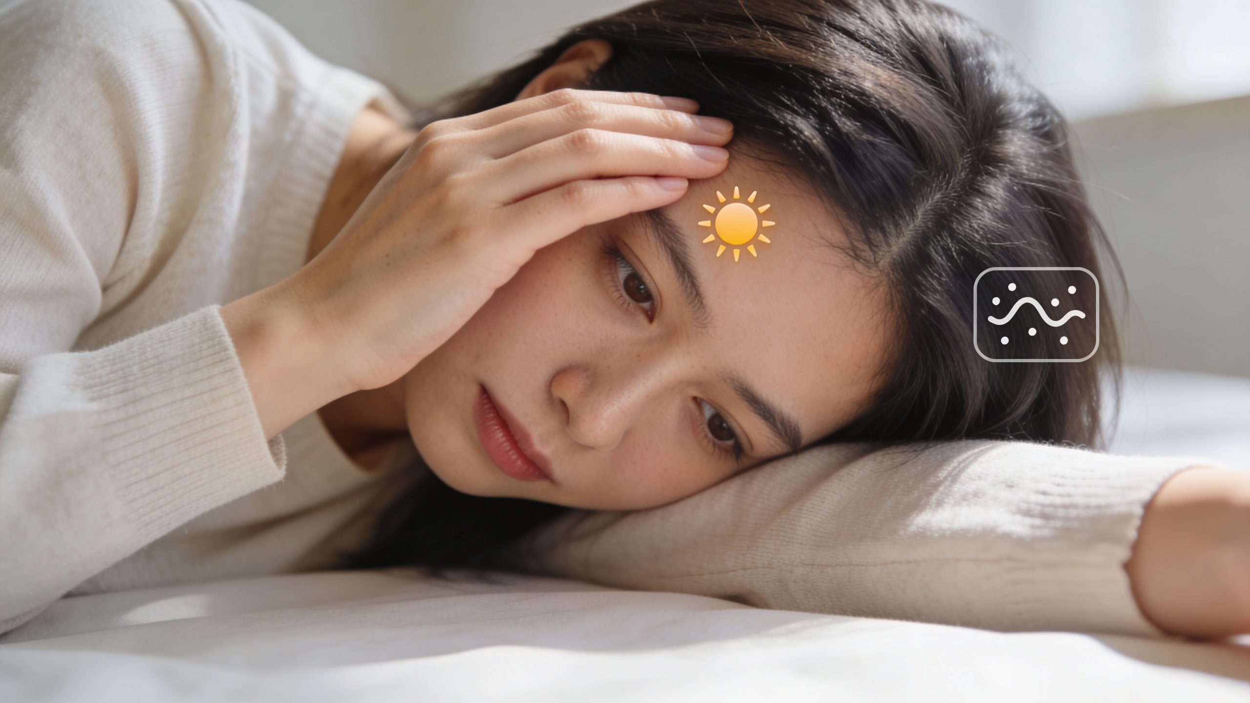 A young woman looking distressed while resting her head on a bed, experiencing physical discomfort.