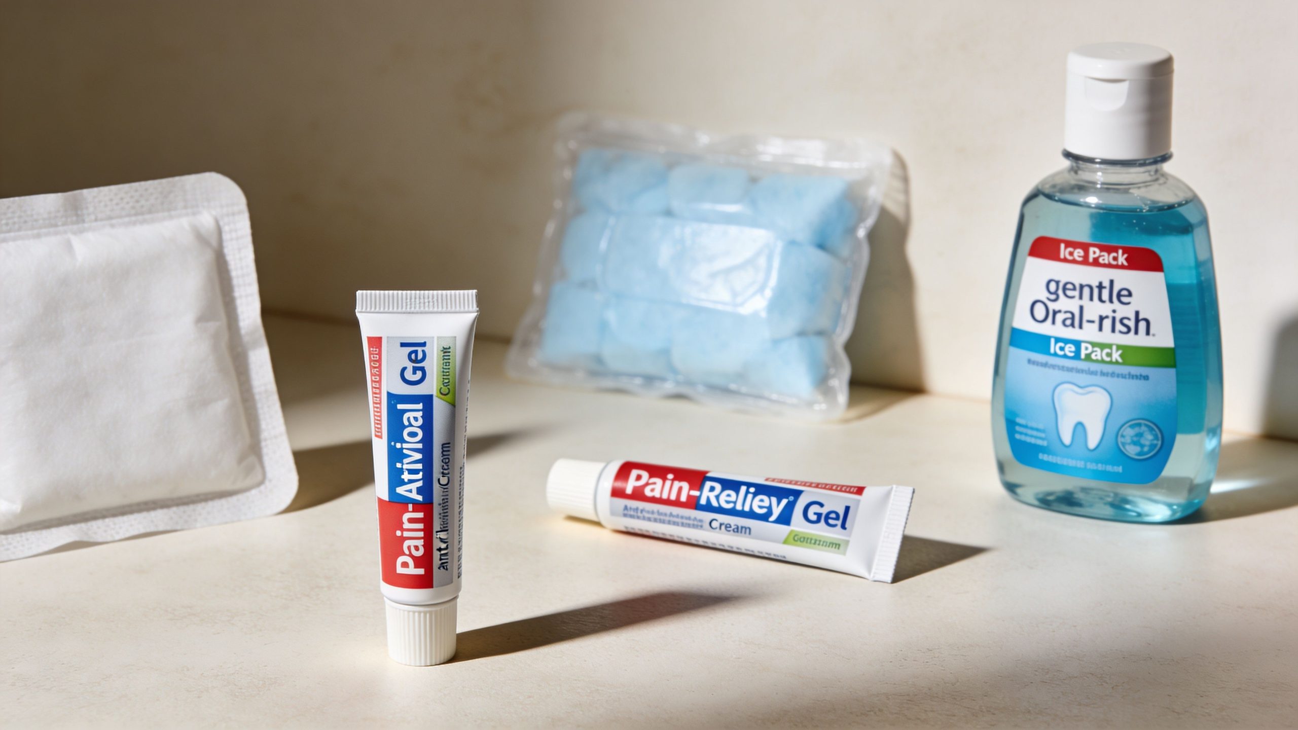 A collection of oral care items including a gel tube, an ice pack, and a cold compress.