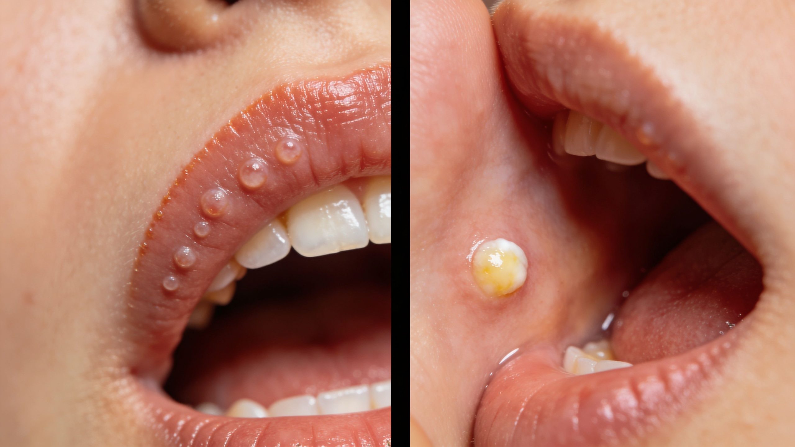 A split image showing a comparison of translucent blisters on the lip and a yellow canker sore.