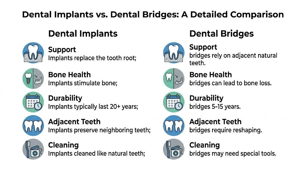 A comparison chart outlining the key differences between dental implants and dental bridges for tooth replacement.