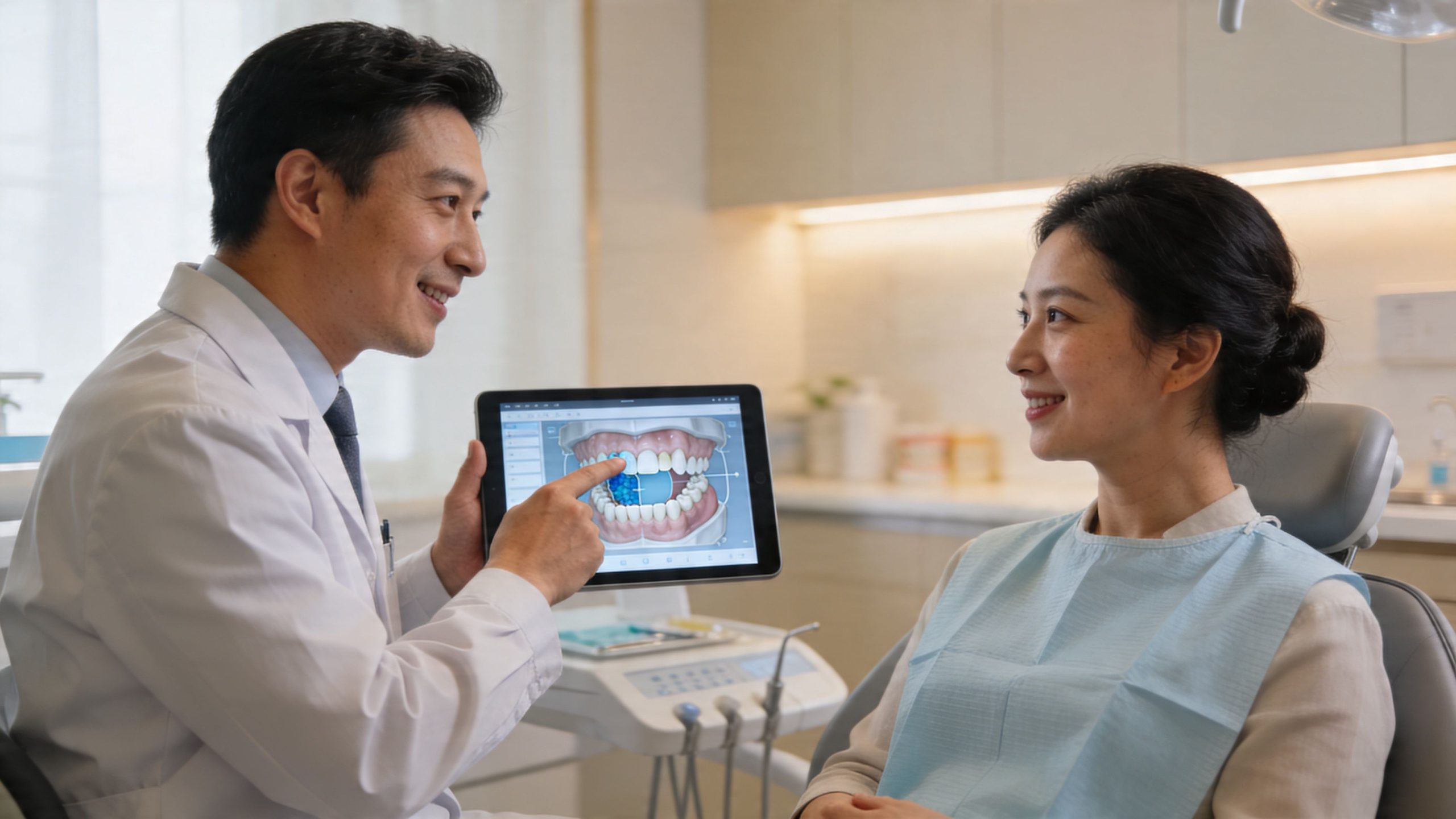 A dentist explaining dental treatment options to a female patient using a tablet computer in the clinic.