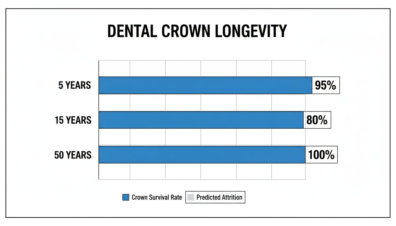 Bar chart illustrates dental crown longevity: 95% survive 5 years, 80% survive 15 years, 100% survive 50 years.