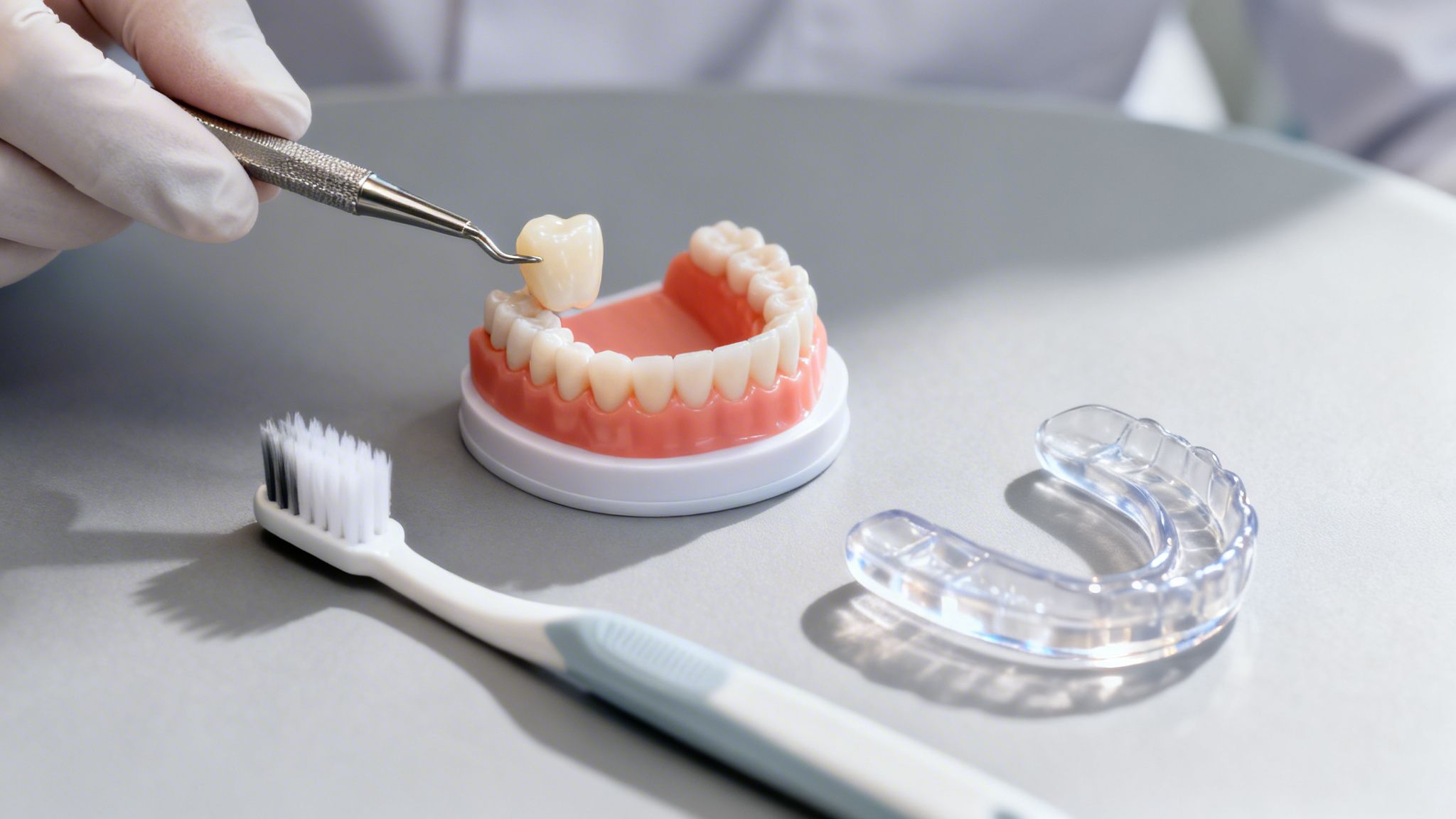 A dentist's gloved hand positions a dental crown onto a tooth model, with a toothbrush and aligner nearby.