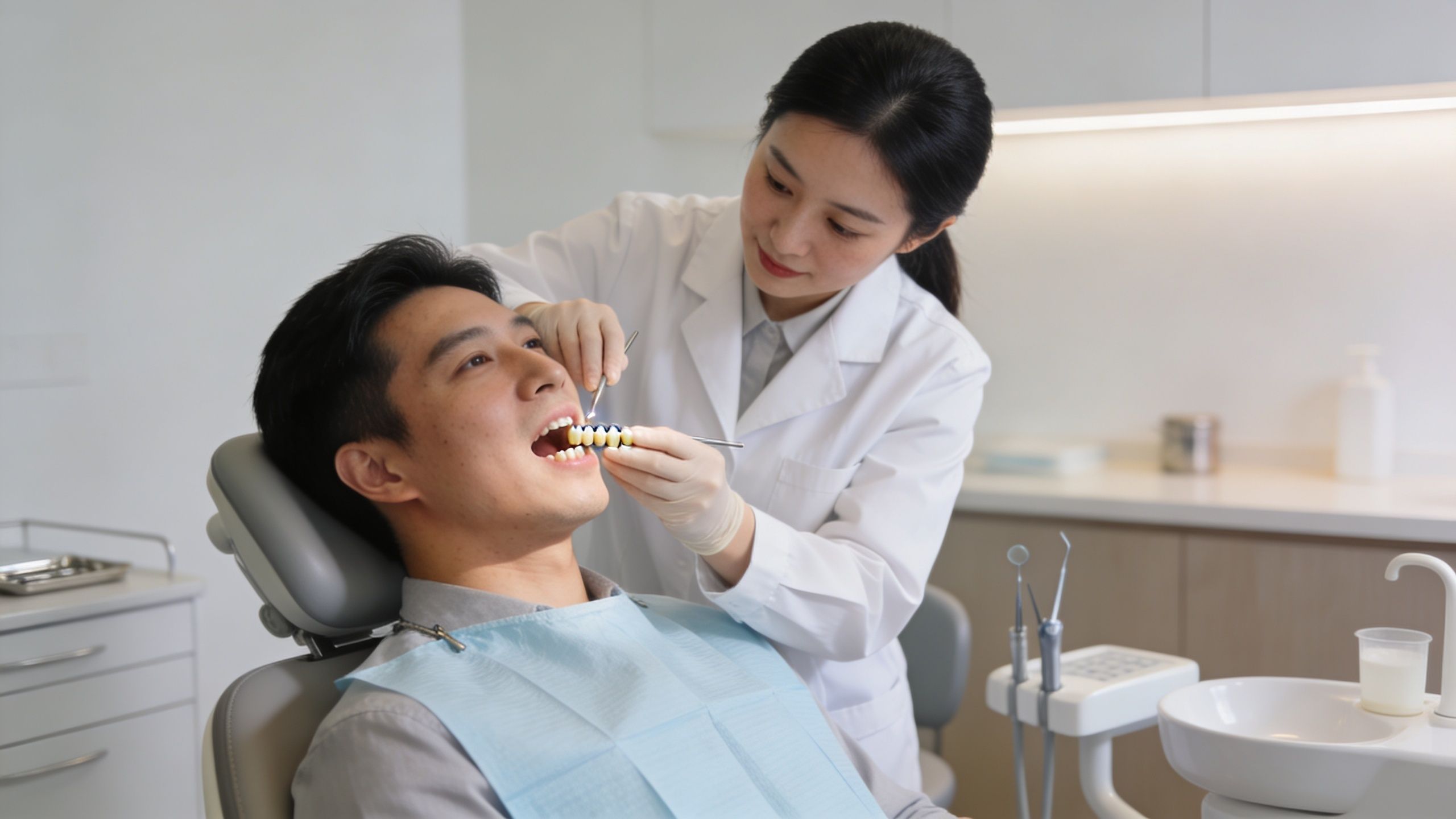 A female dentist examines a male patient's dental bridge prosthetic in a modern dental clinic setting.