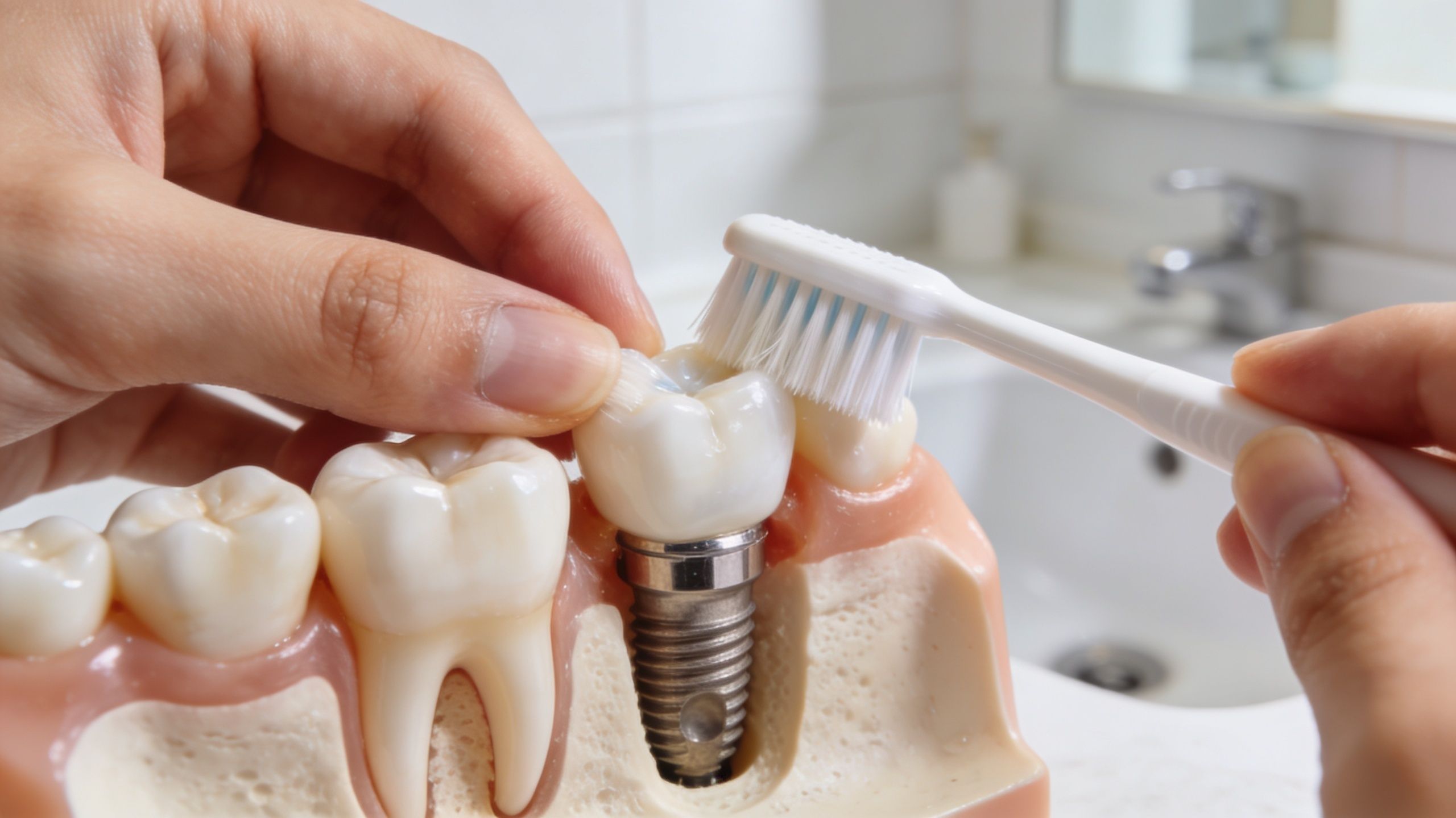 A person demonstrating the proper way to brush and clean a dental implant model with a toothbrush.