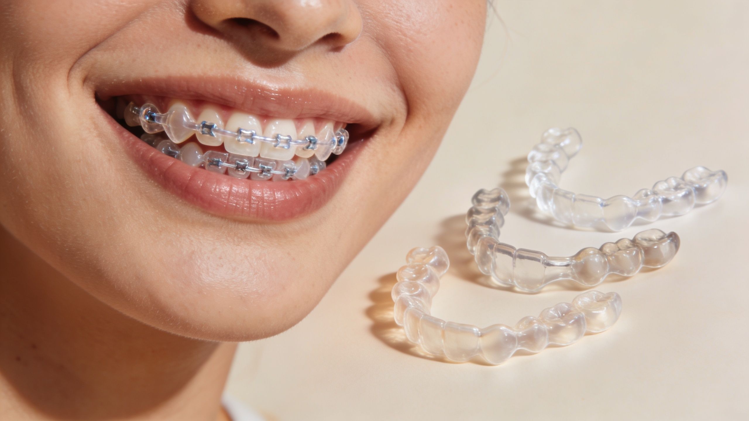 A smiling person wearing clear braces next to a set of removable clear teeth aligners on display.